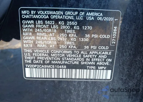 2021 Volkswagen Atlas 2.0T Se from USA, damaged, VIN 1V2DP2CA9MC510458